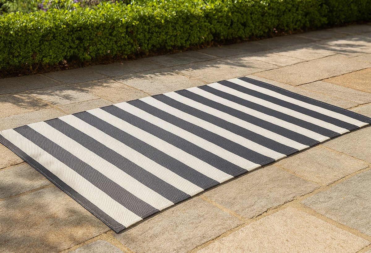 Απεικονίζεται το χαλί απλωμένο στο δάπεδο ενός κήπου.